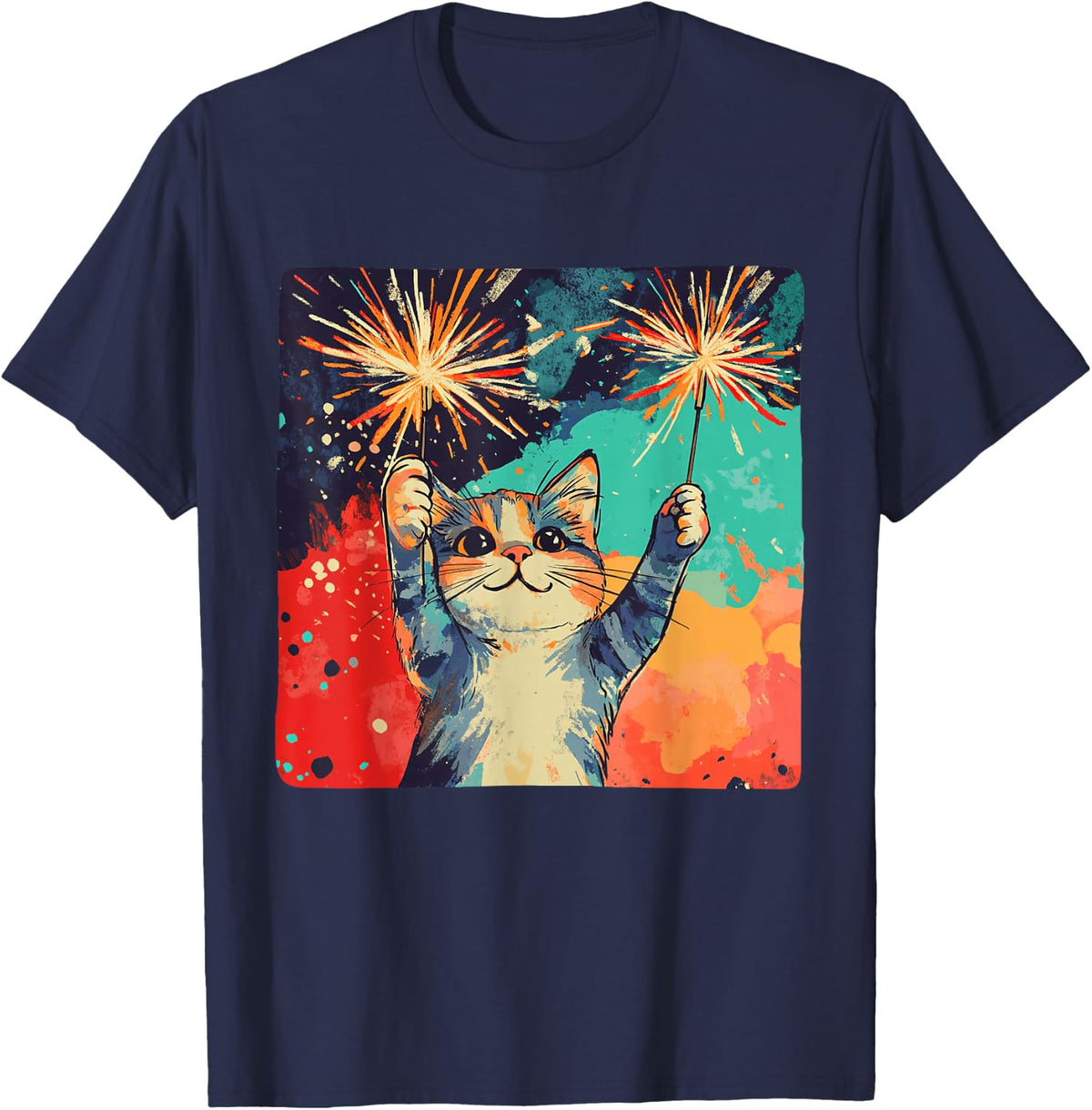 Cute celebrating Cat for Happy New Year Lovers T-Shirt - Navy Blue