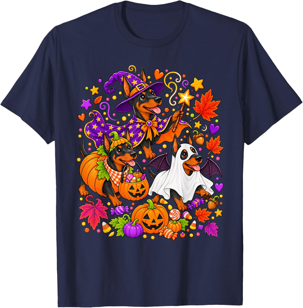 Doberman Pinscher Halloween Dogs Witch Ghost Pumpkin T-Shirt - Navy Blue