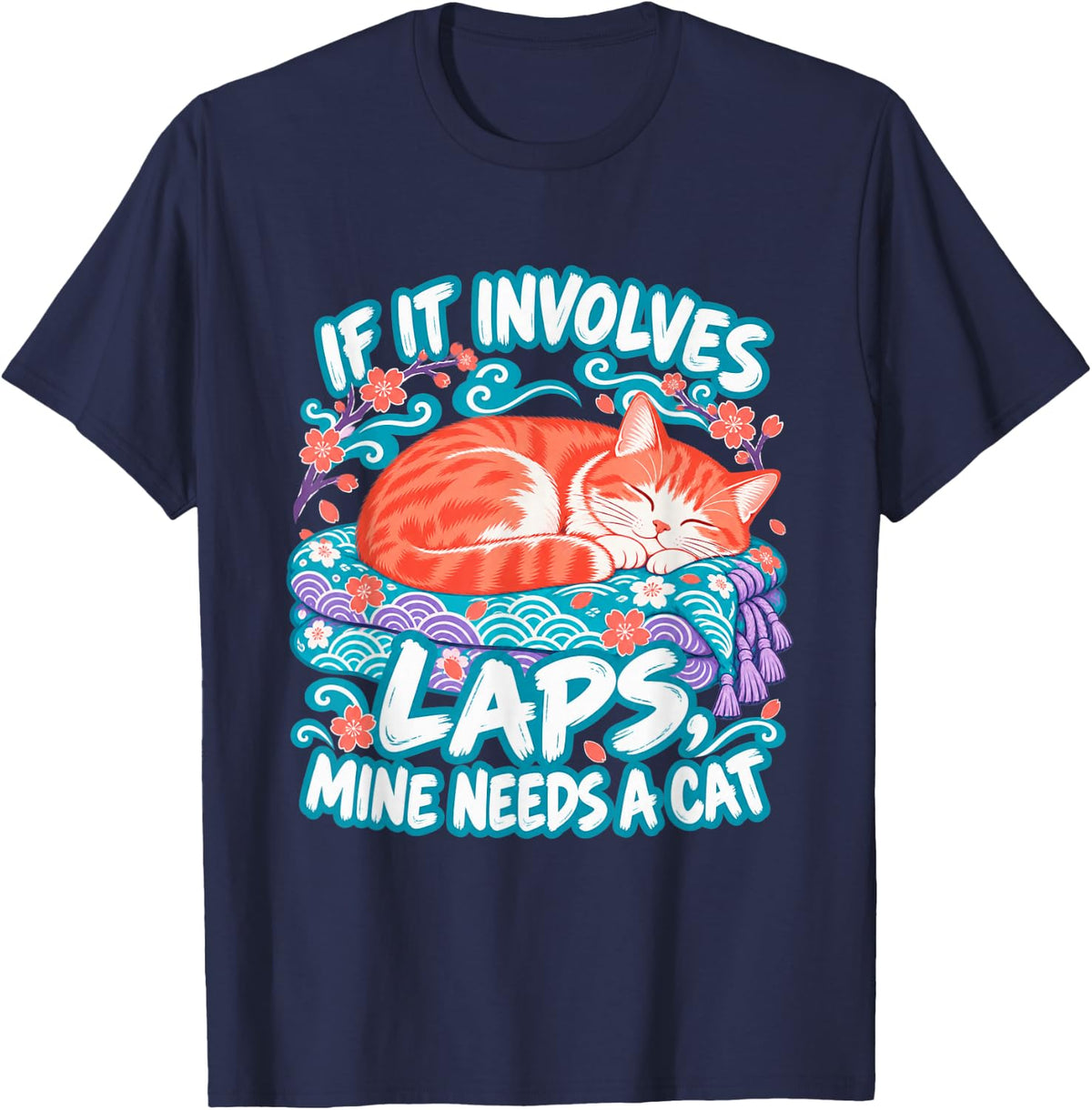 Sleeping Cat Lap Humour Print T-Shirt - Navy Blue