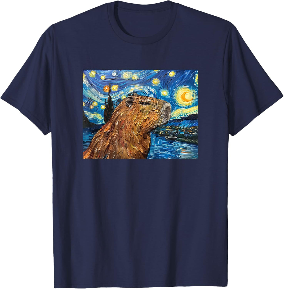 Meme Lover Starry Night Capybara T-Shirt - Navy Blue