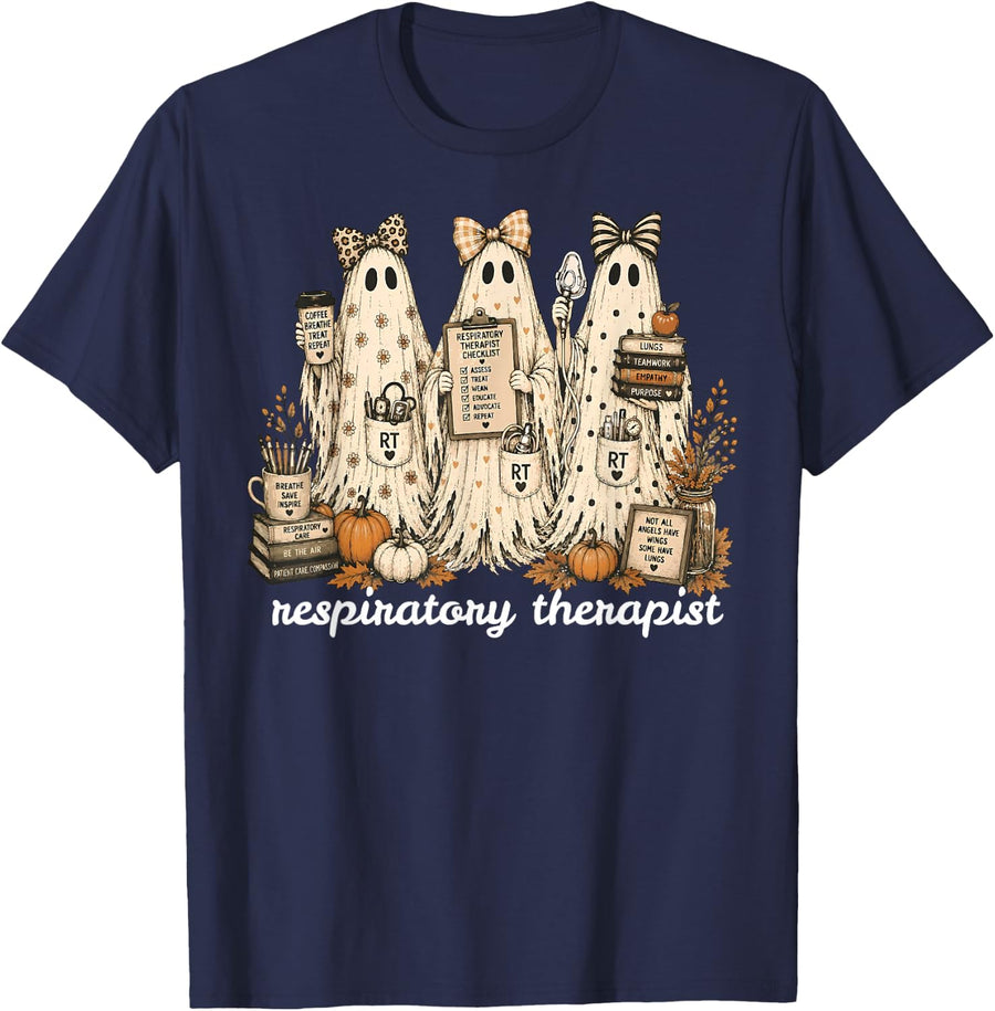 Halloween Respiratory Therapist Ghosts Floral Leaf Pumpkin T-Shirt - Navy Blue
