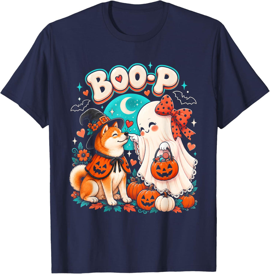 Shiba Inu Boo Boo-p Ghost Nose Boop Halloween Dog Lover T-Shirt - Navy Blue