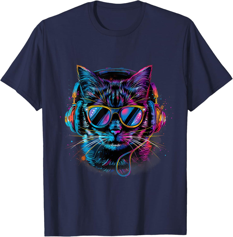Cat Music DJ Beatmaker House Music Headphones Music Producer T-Shirt - Navy Blue