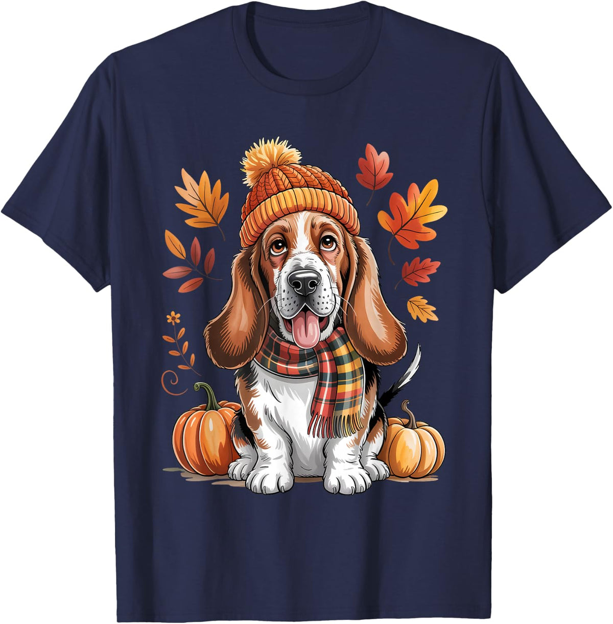 Basset Hound Thanksgiving Puppy Fall Autumn Lover Men Women T-Shirt - Navy Blue