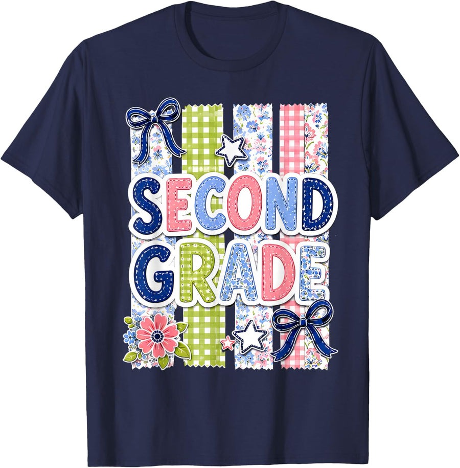 Striped Preppy 2nd Grade Floral Coquette Bow Back to School T-Shirt - Navy Blue