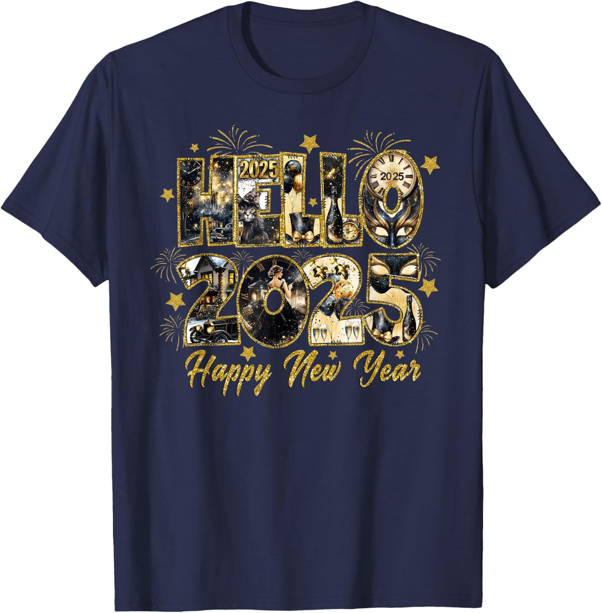 Happy New Year 2025 Hello 2025 New Years Eve Party Countdown T-Shirt - Black, Small, Unisex Adult, Party Goers, Short