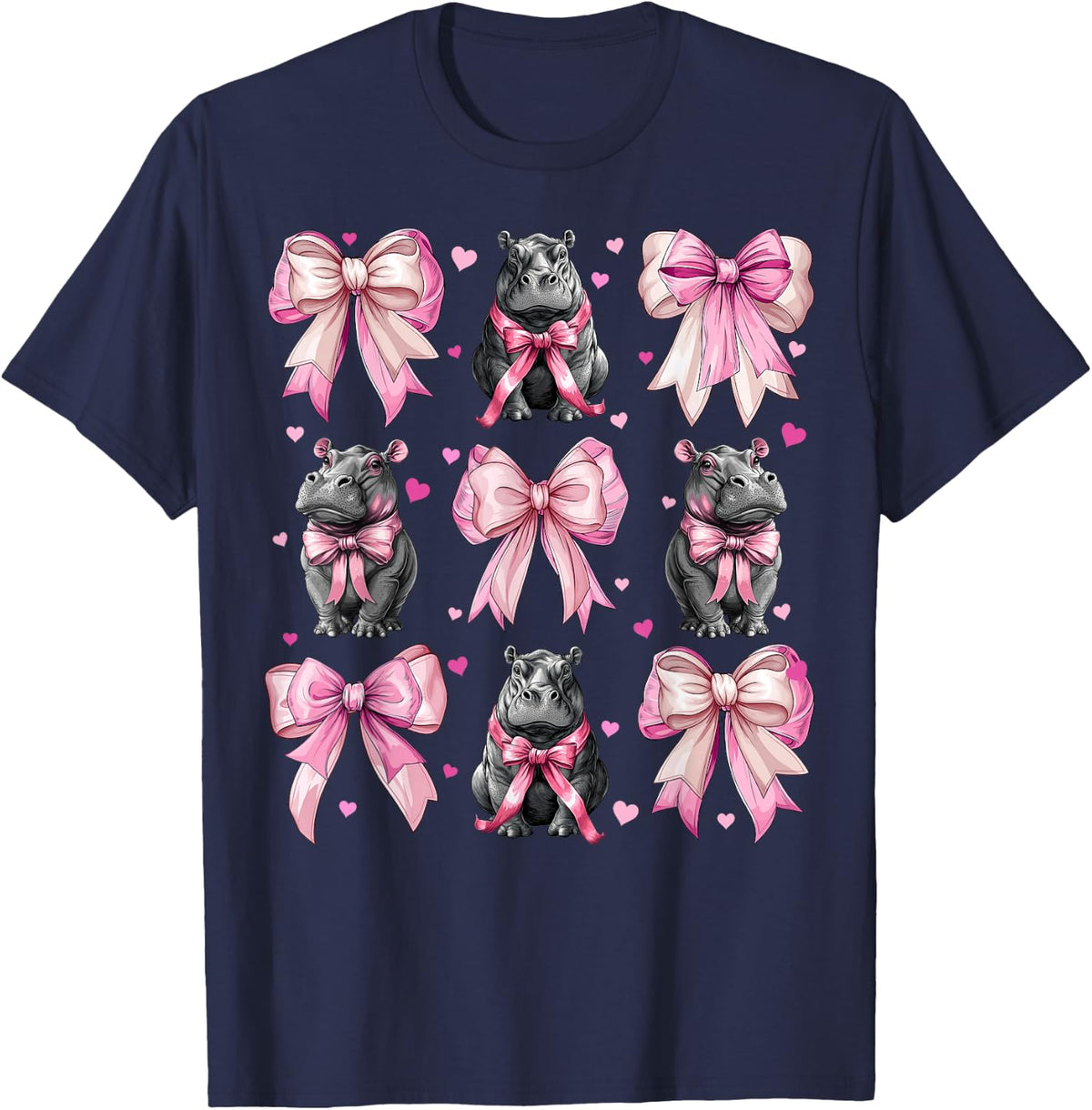 Coquette Bow Hippo Hippo Blush Girl Mum Pink T-Shirt - Navy Blue