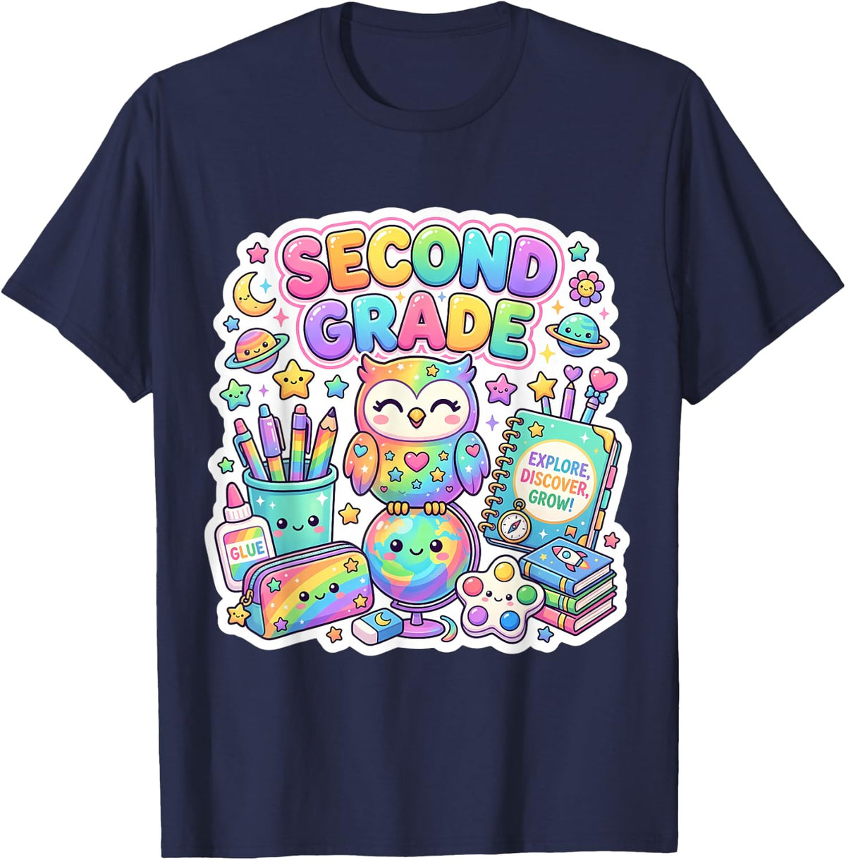 Cute Owl 2nd Second Grade Back to School Girl Teacher Bird T-Shirt - Navy Blue