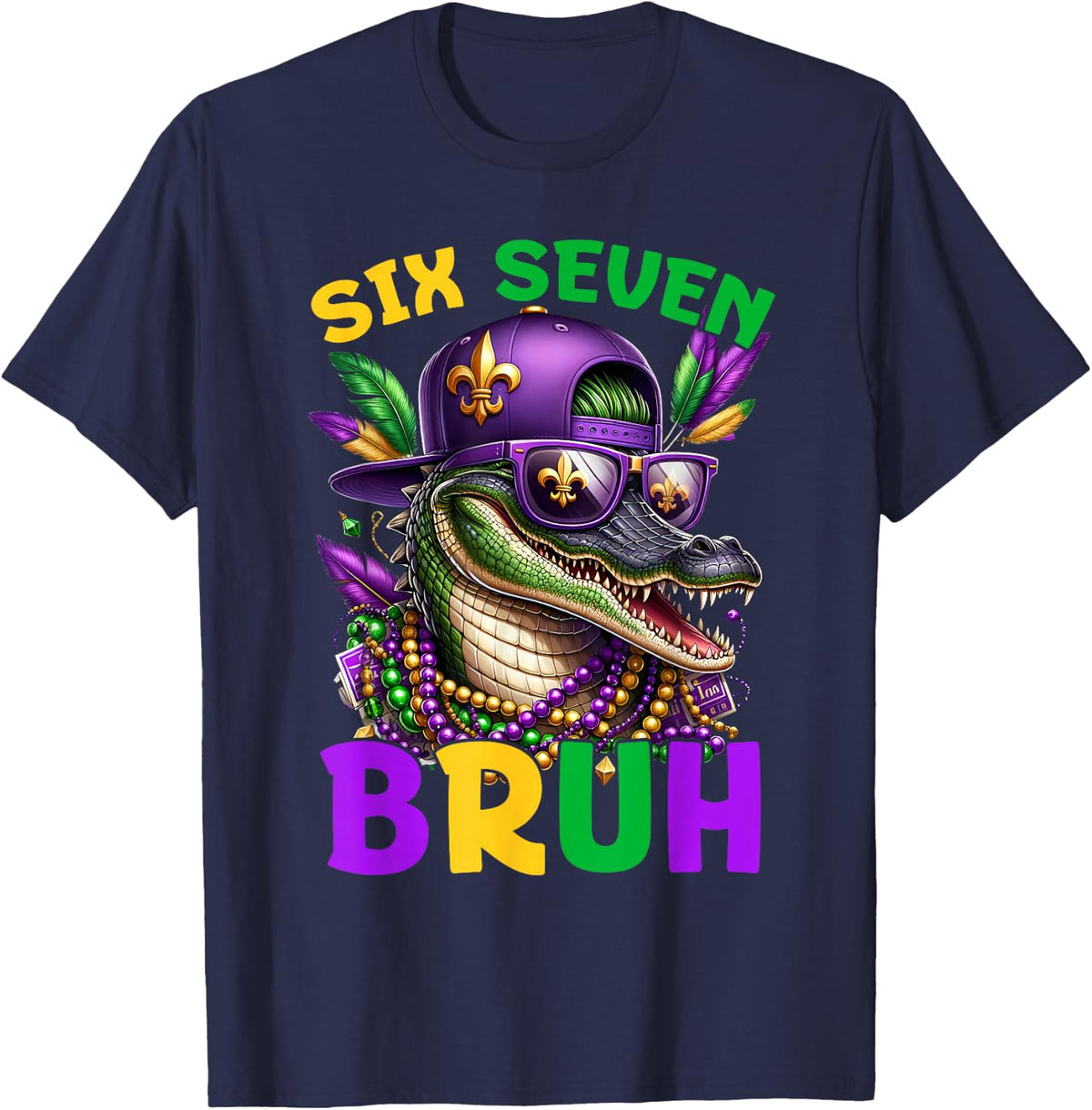 Mardi Gras Six Seven Bruh Mardigator Alligator 6 7 Meme Boys T-Shirt - Navy Blue