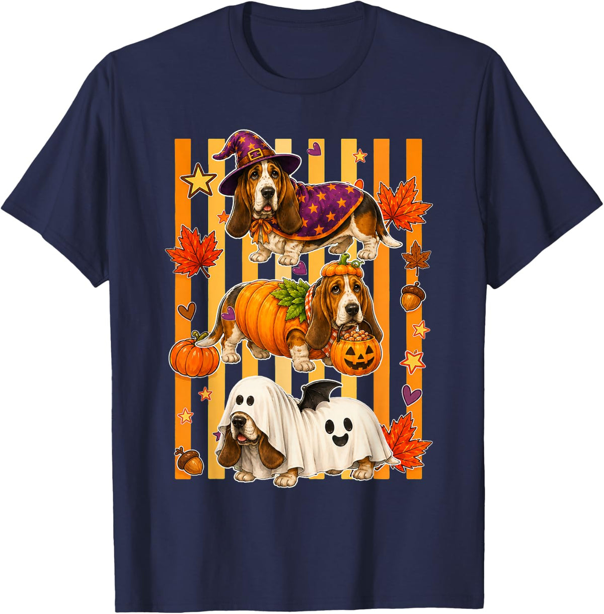 Retro Stripes Basset Hound Halloween Costume Cute Dog T-Shirt - Navy Blue