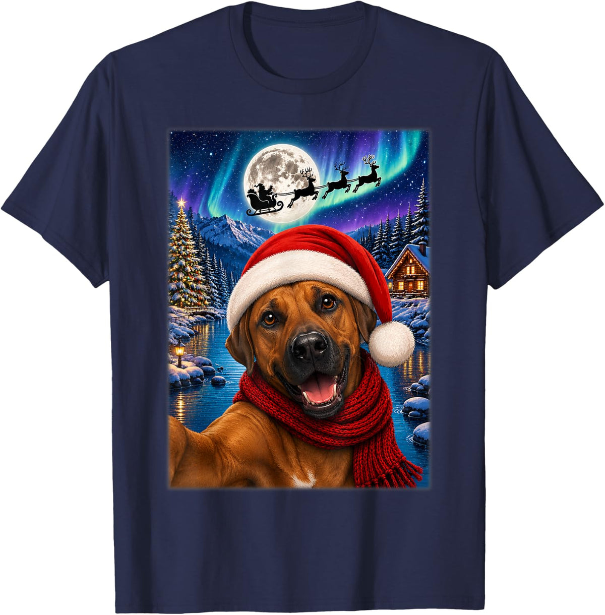 Rhodesian Ridgeback Dog Christmas Moon Night Santa Sleigh T-Shirt - Navy Blue