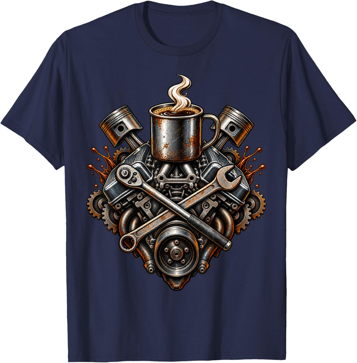 Mechanic Coffee Engine Wrench Piston Auto Repair T-Shirt - Navy Blue