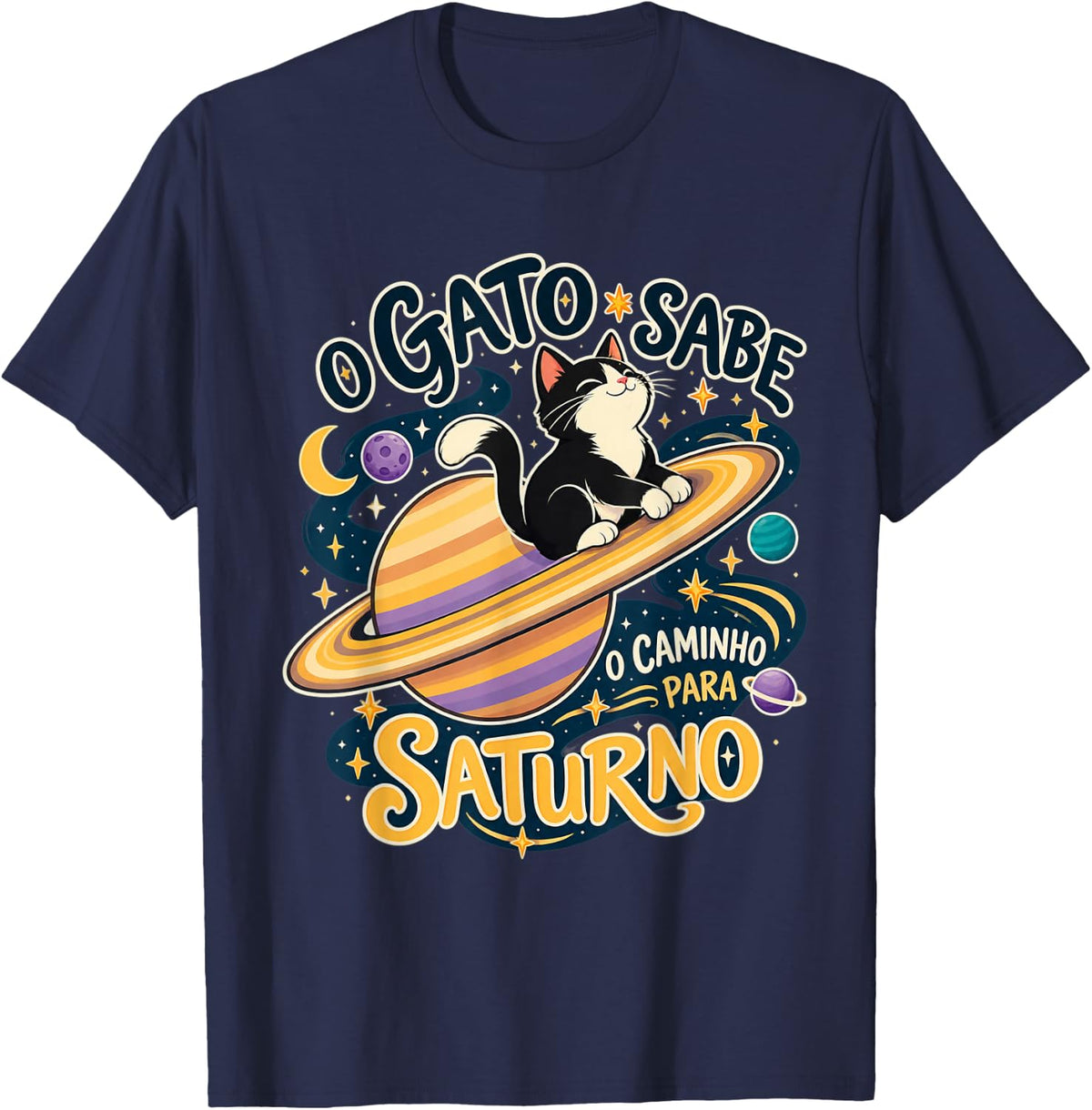 Space Cat Illustration with Portuguese Saying T-Shirt - Navy Blue