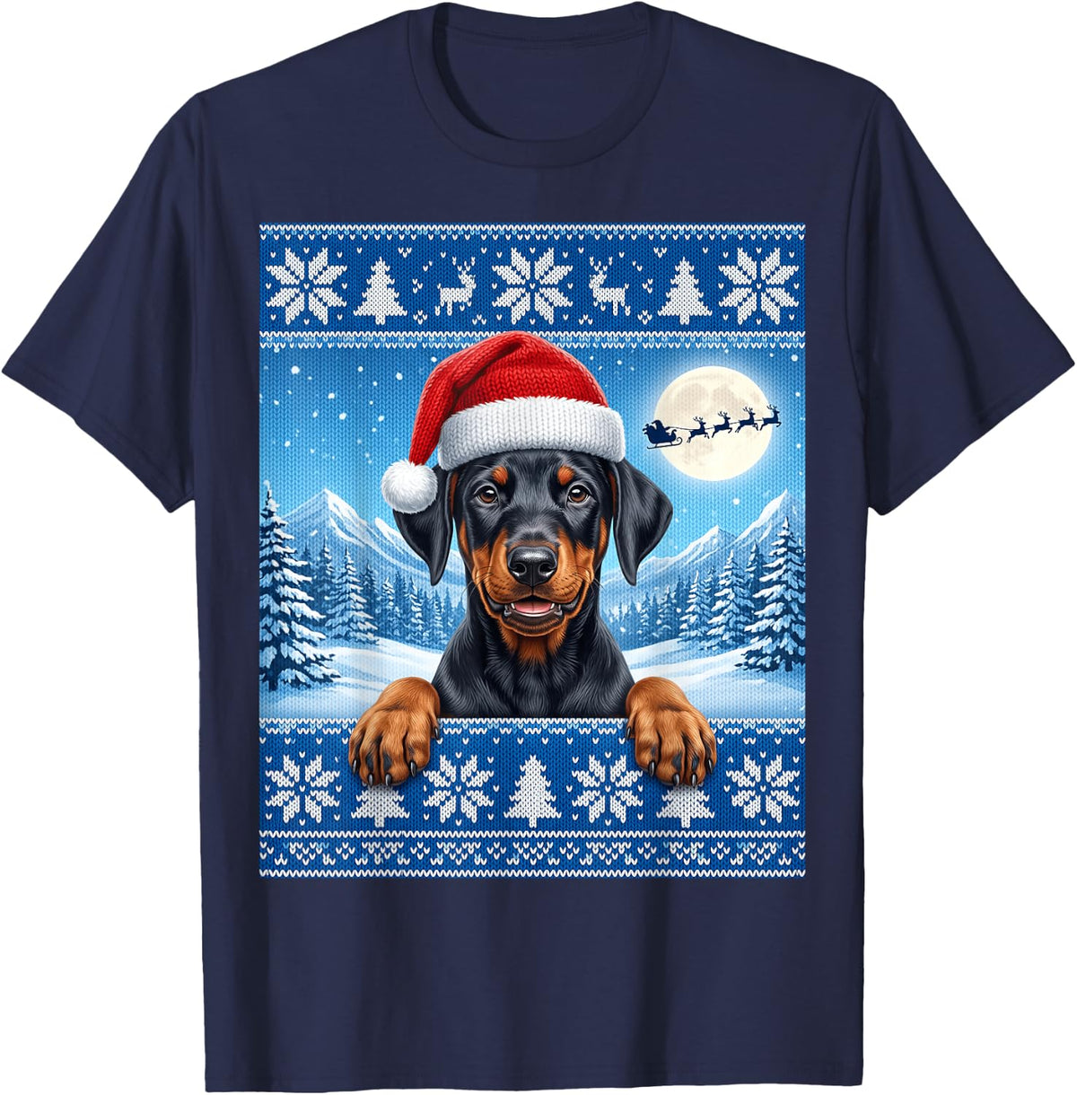 Black and Rust Doberman Pinscher Puppy Dog Christmas T-Shirt - Navy Blue