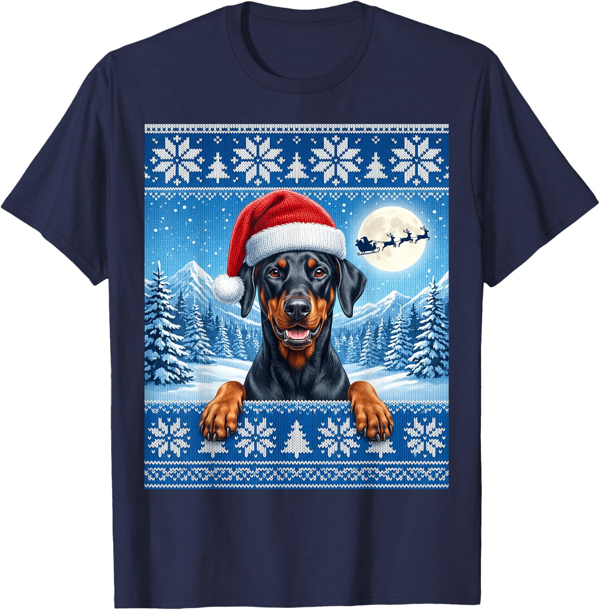 Black and Rust Doberman Pinscher Dog Christmas T-Shirt - Navy Blue