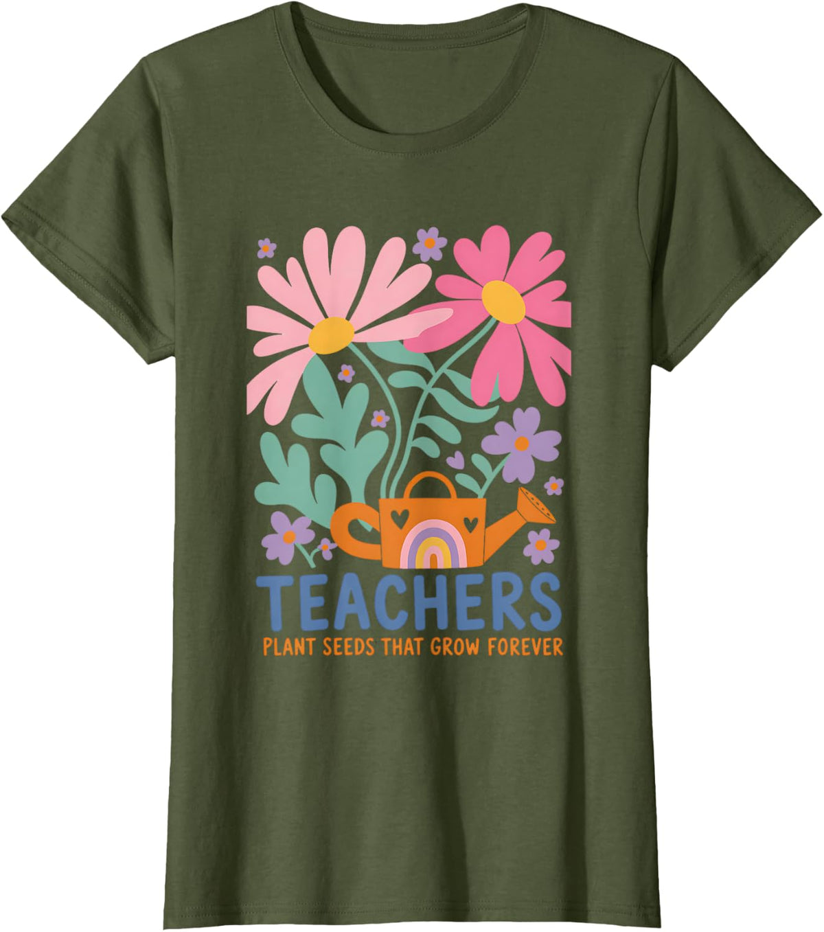 Boho Back to School Teacher Appreciation Flower Teacher T-Shirt - Olive Green