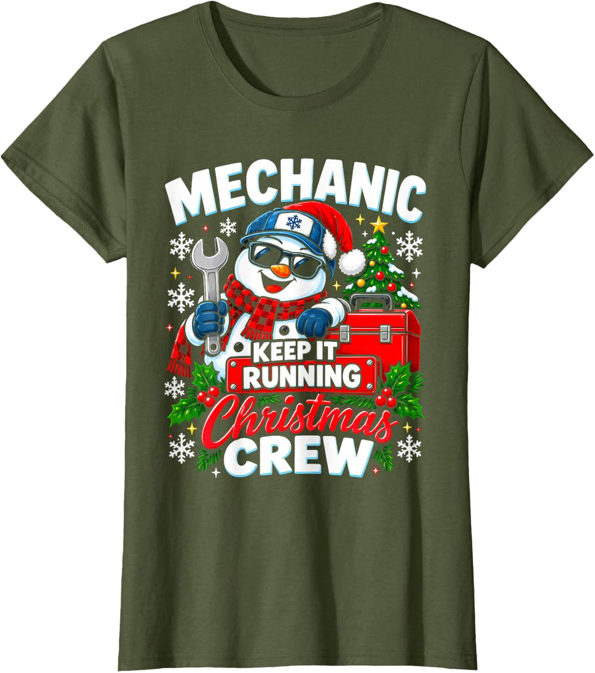 Mechanic Keep It Running Christmas Crew Funny Matching T-Shirt - Olive Green