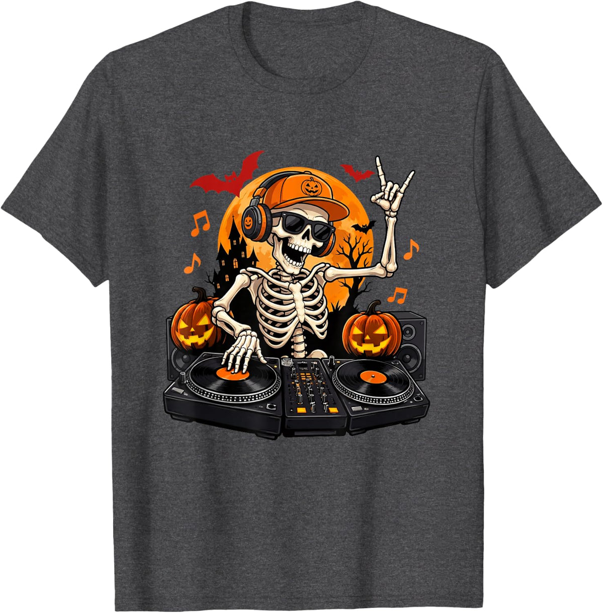 Skeleton DJ Halloween Turntable Vinyl Record Pumpkin T-Shirt - Dark Heather Grey