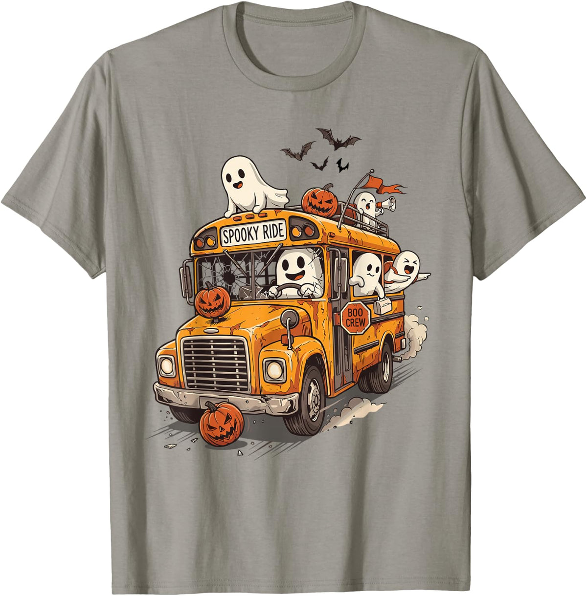 Halloween School Bus Driver Ghost Pumpkin Spooky T-Shirt - Slate Grey