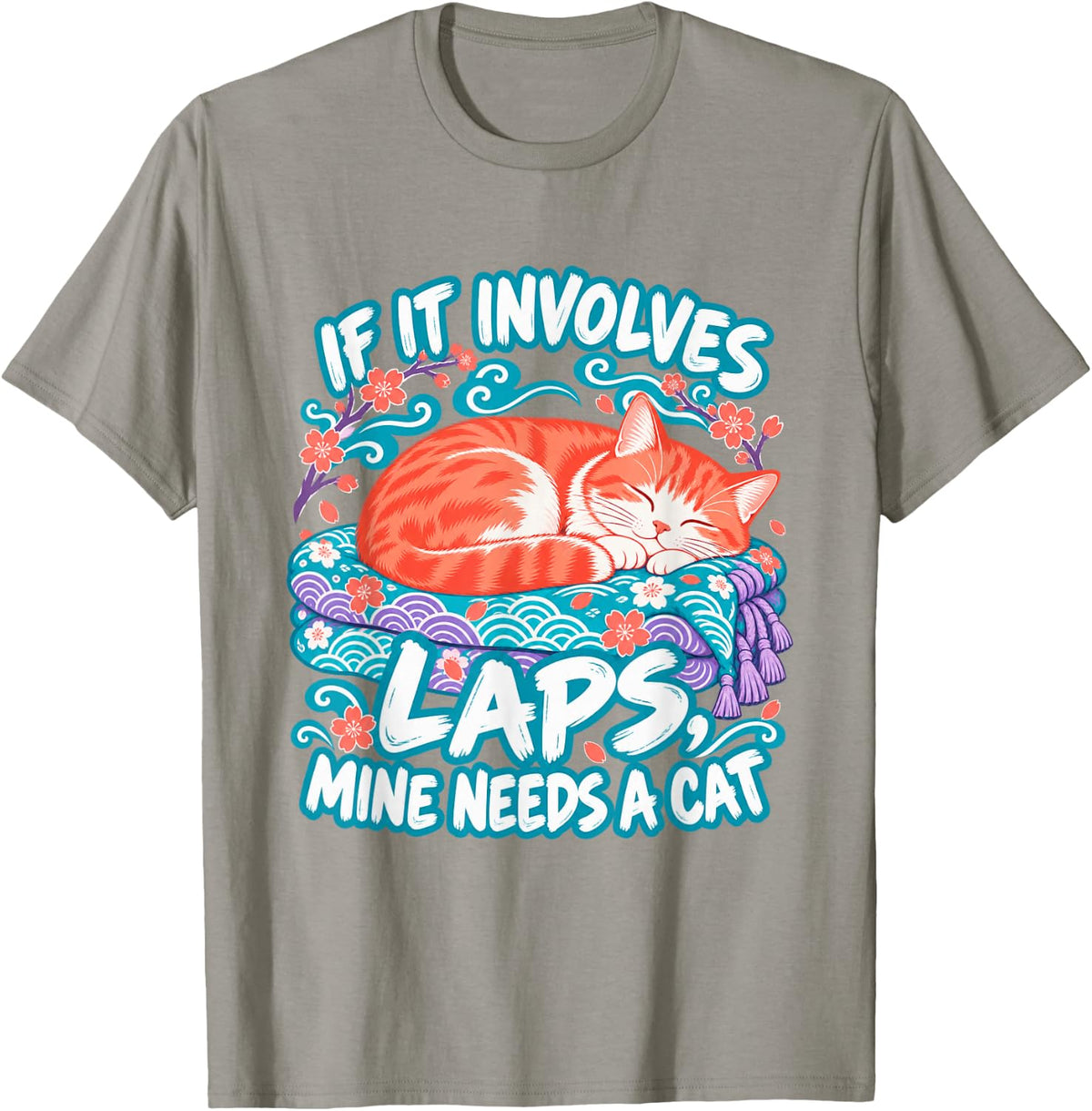 Sleeping Cat Lap Humour Print T-Shirt - Slate Grey