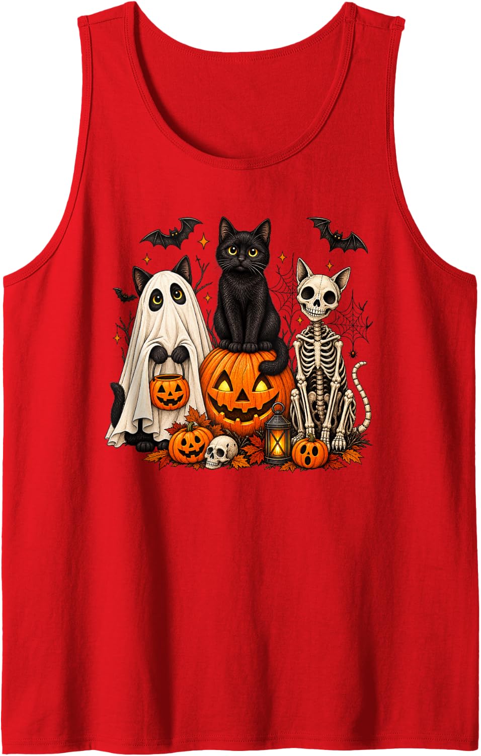 Black Cat Skeleton Ghost Halloween Sleeveless Tank Top - Red