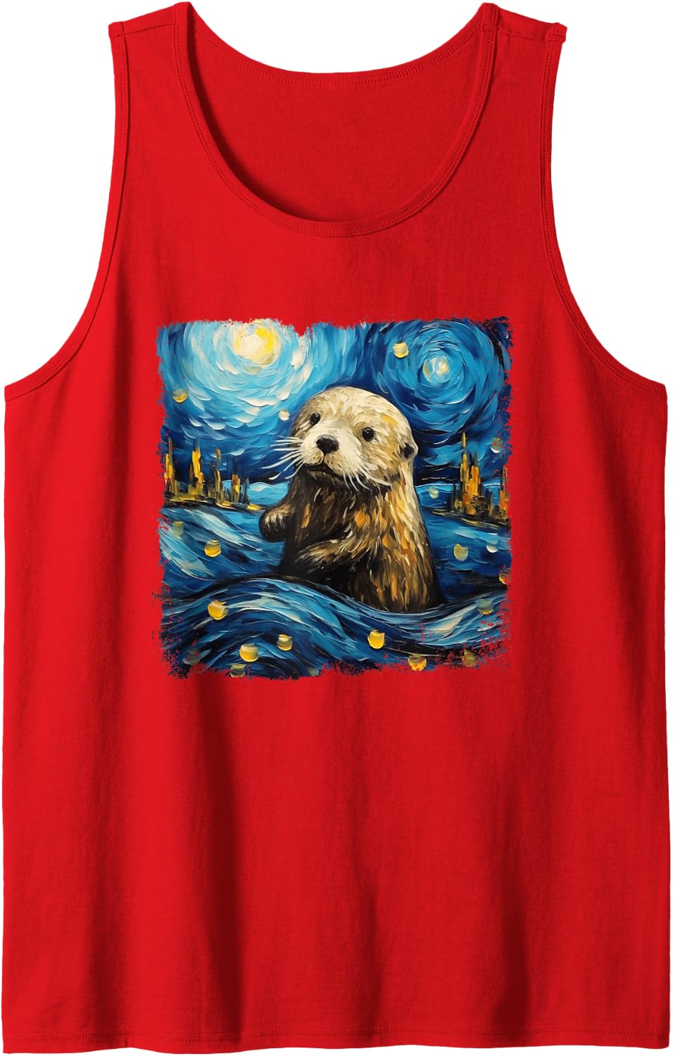 Otter Starry Night Otter Lover Sea Otter Painting Sleeveless Tank Top - Red