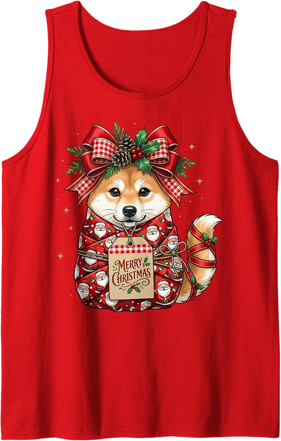 Shiba Inu Dog Santa Claus Wrapping Paper Present Holly Tank Top - Red