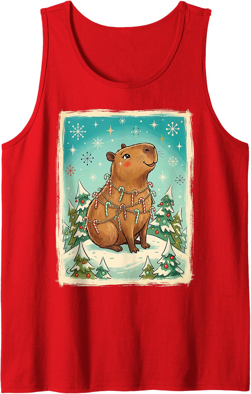 Capybara Candy Canes Retro Winter Holiday Sleeveless Tank Top - Red
