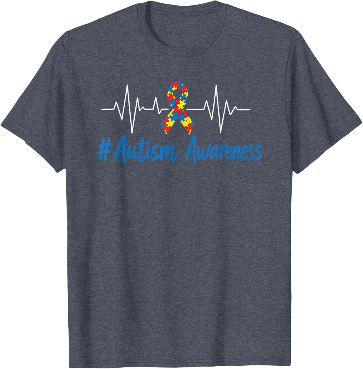 Autism Awareness Heartbeat Puzzle Ribbon Support Squad T-Shirt - Heather Blue
