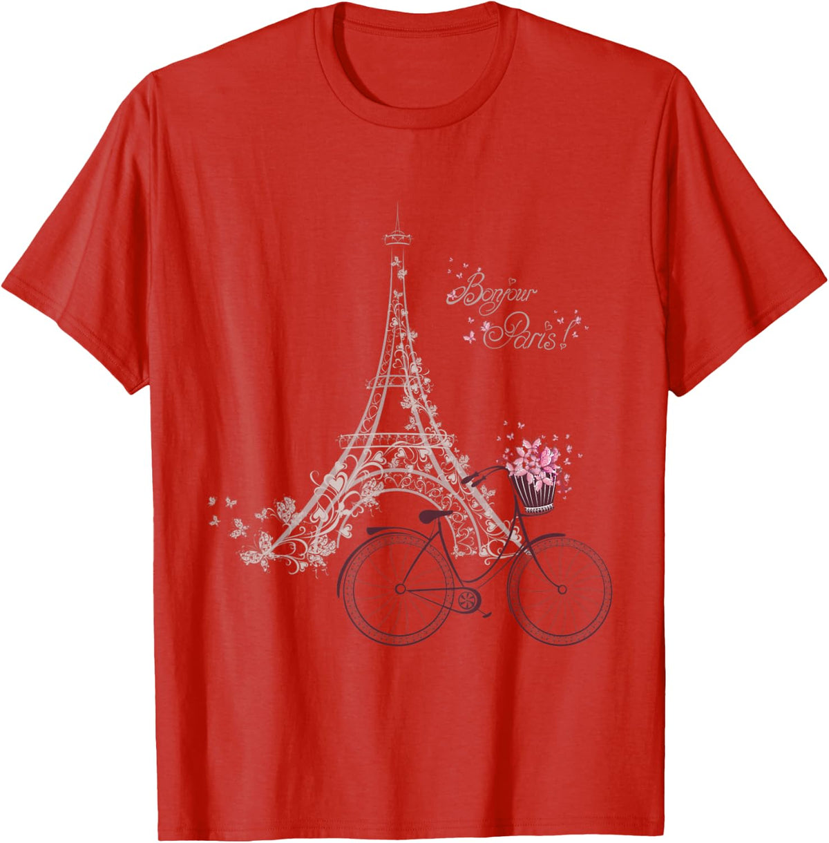 Bonjour Paris! Eiffel Tower Bicycle French Spring T-Shirt - Red