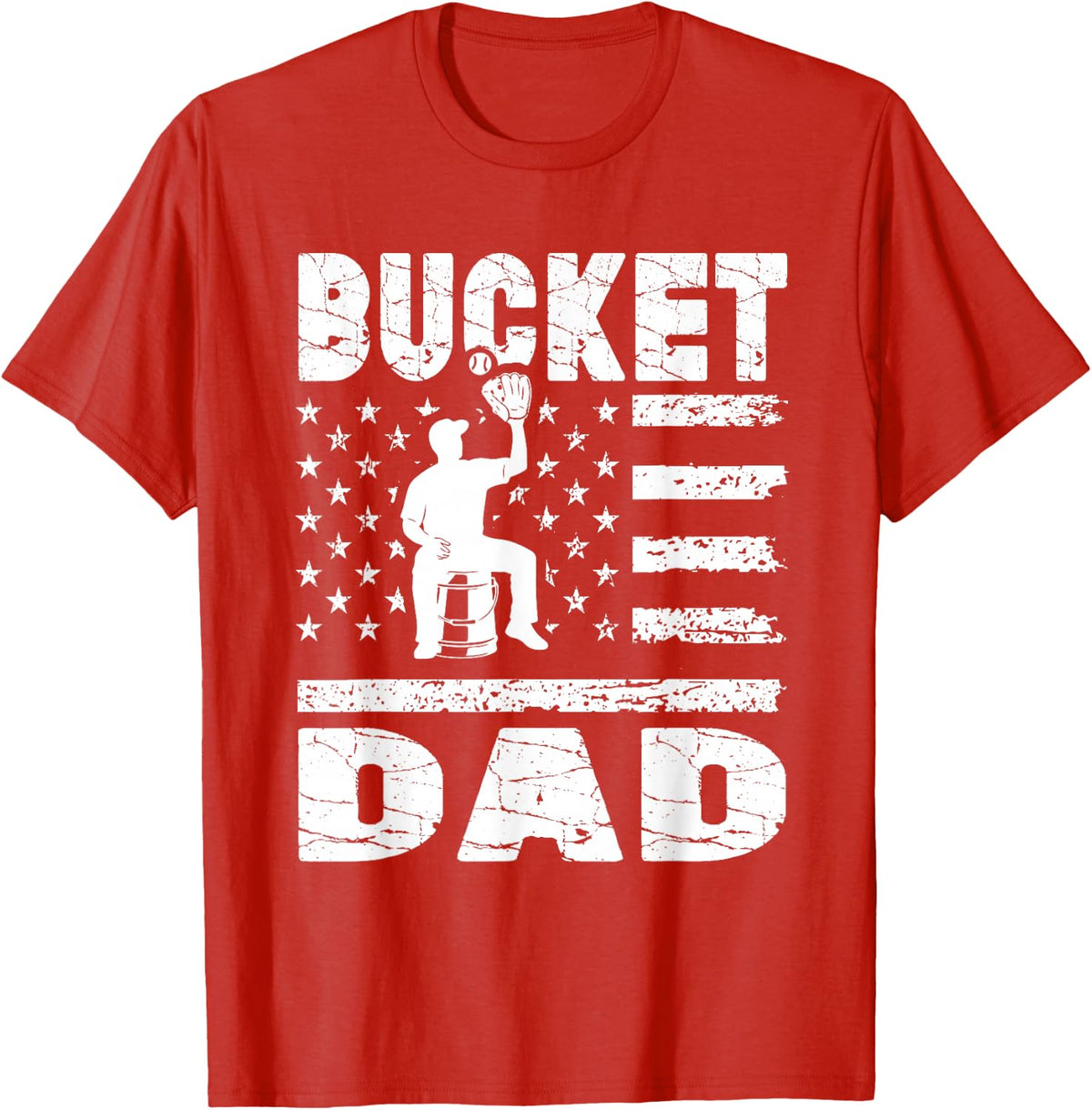 Baseball Coach Bucket Dad Shirt Vintage American Flag Fathers Day Tee T-Shirt - Red