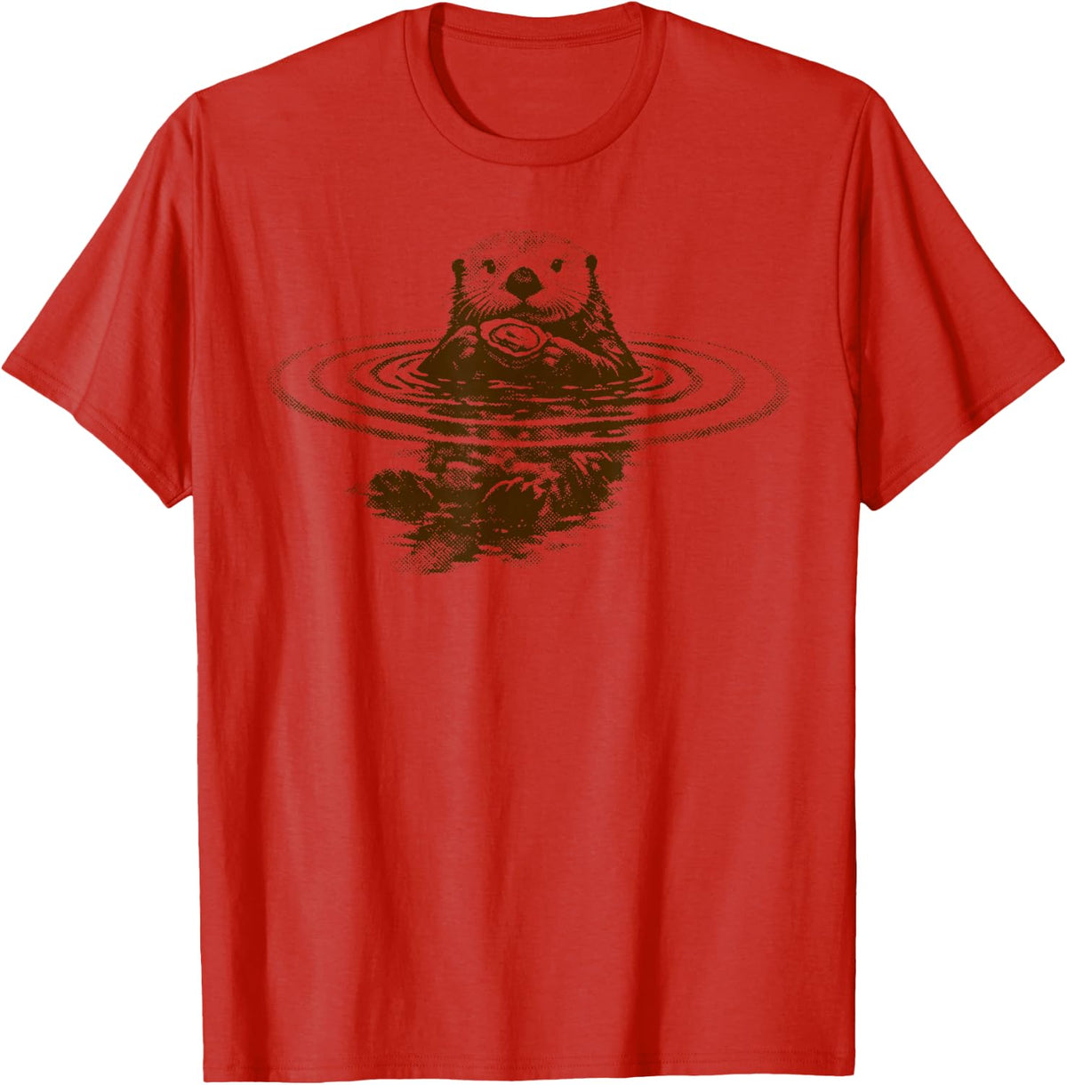 Vintage Sea Otter Linocut Ocean Animal Oyster Shell Lover T-Shirt - Red