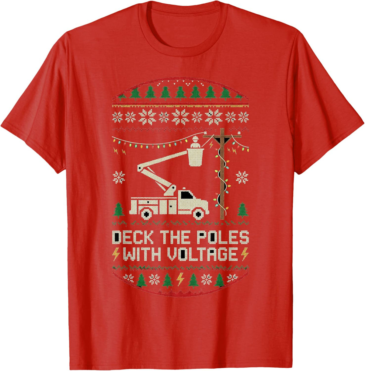 Funny Lineman Bucket Truck Ugly Holiday Pattern Holiday T-Shirt - Red