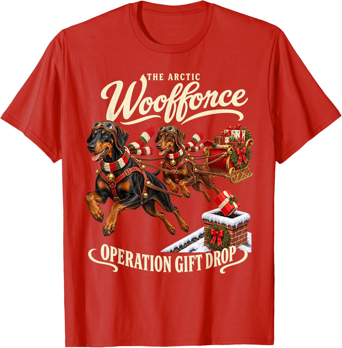 Retro Doberman Pinscher Christmas Cute Sleigh Dog Family T-Shirt - Red