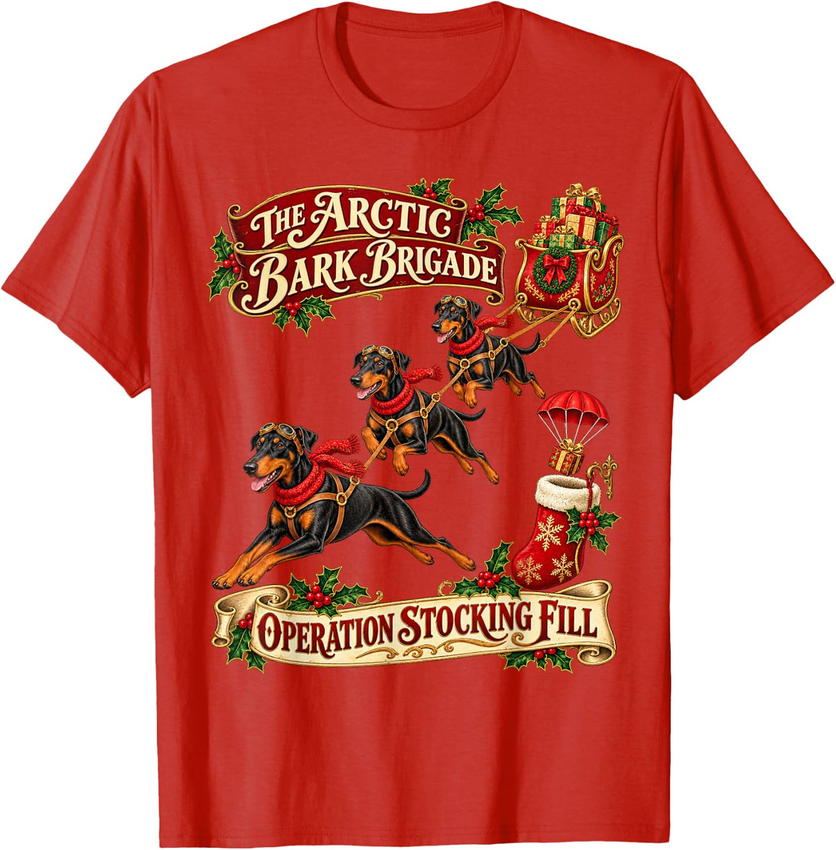 Doberman Pinscher Dog Christmas Arctic Brigade T-Shirt - Red