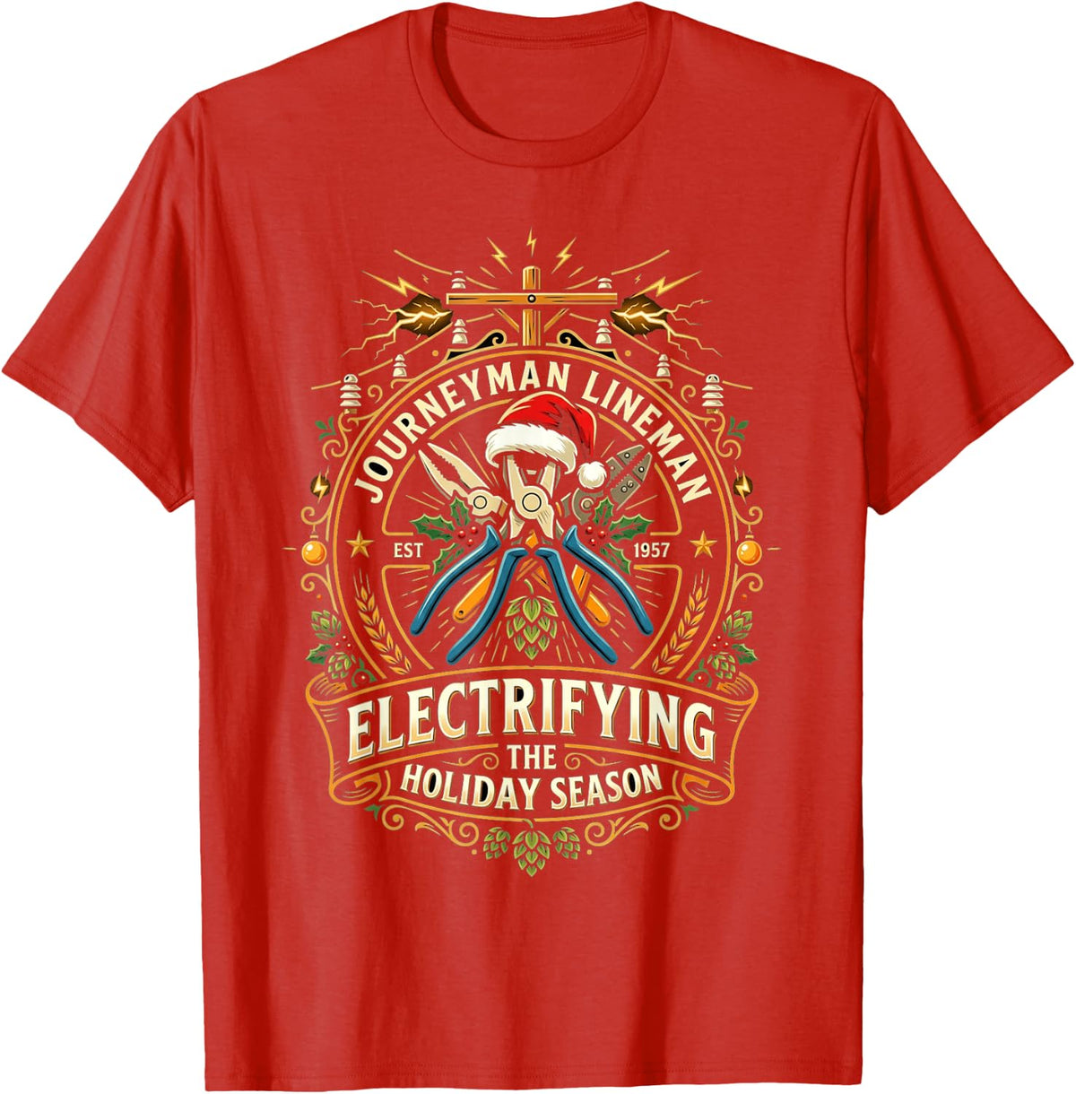 Journeyman Lineman Ugly Christmas Sweater Lineworker T-Shirt - Red