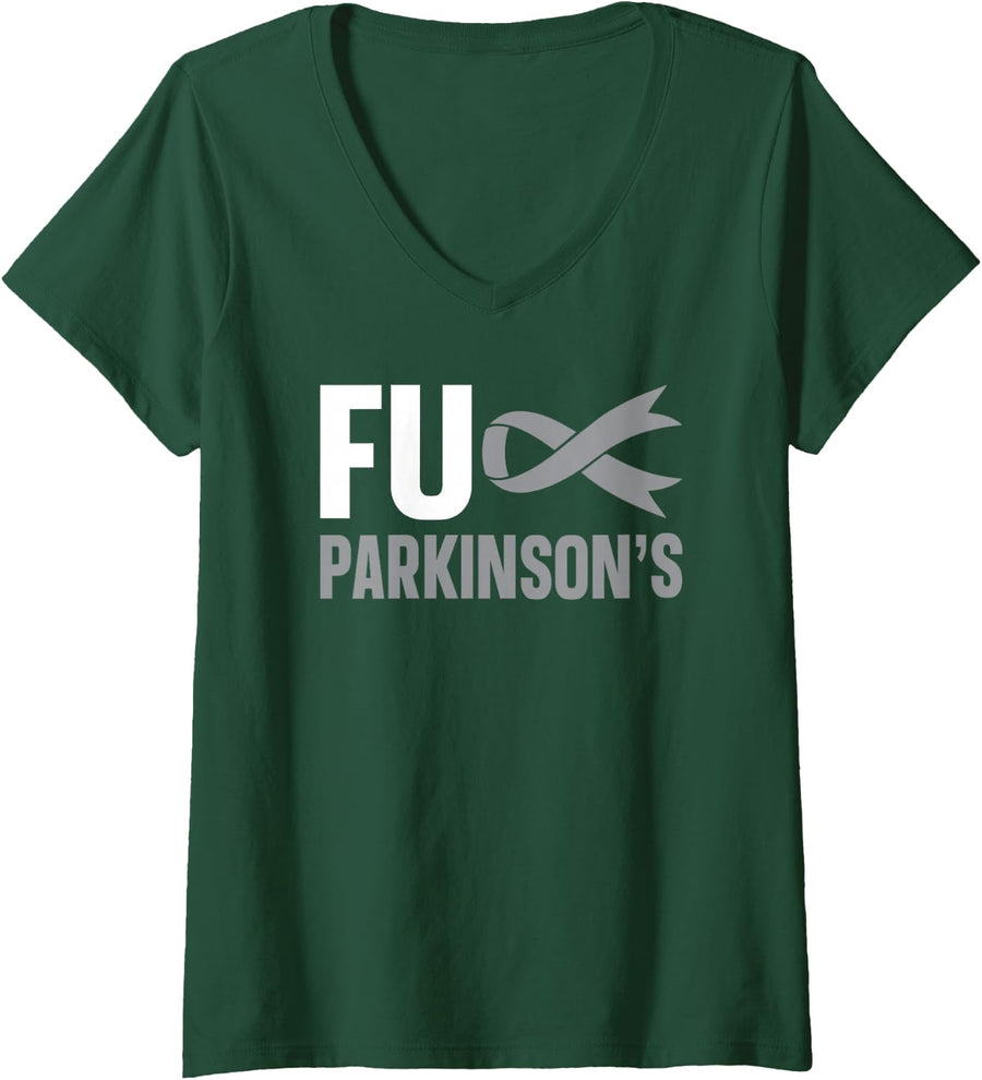 Women's FUCK Parkinsons Disease Grey Ribbon Parkinson's Awareness V-Neck T-Shirt - Dark Green
