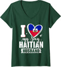 Womens I Love My Sexy Haitian Husband Cute Haiti Flag Heart V-Neck T-Shirt - Dark Green