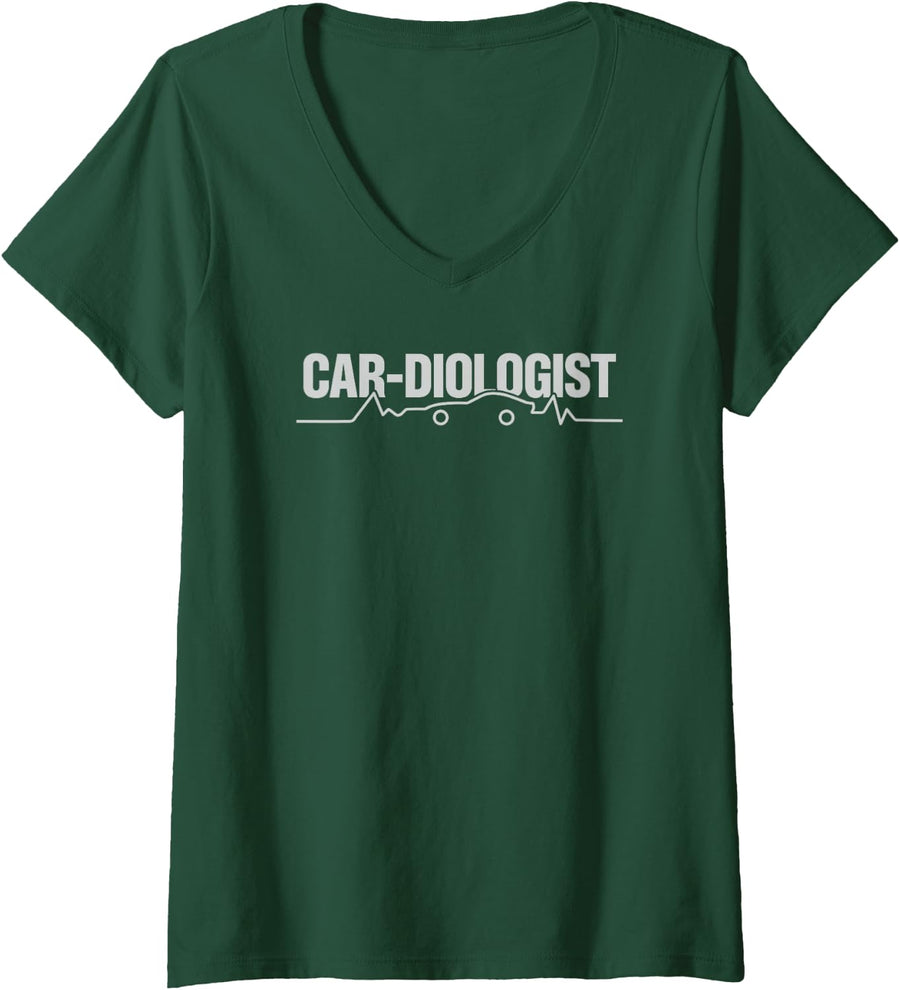 Women's Heartbeat Car-Diologist Funny Car Guy Automotive Mechanic V-Neck T-Shirt - Dark Green