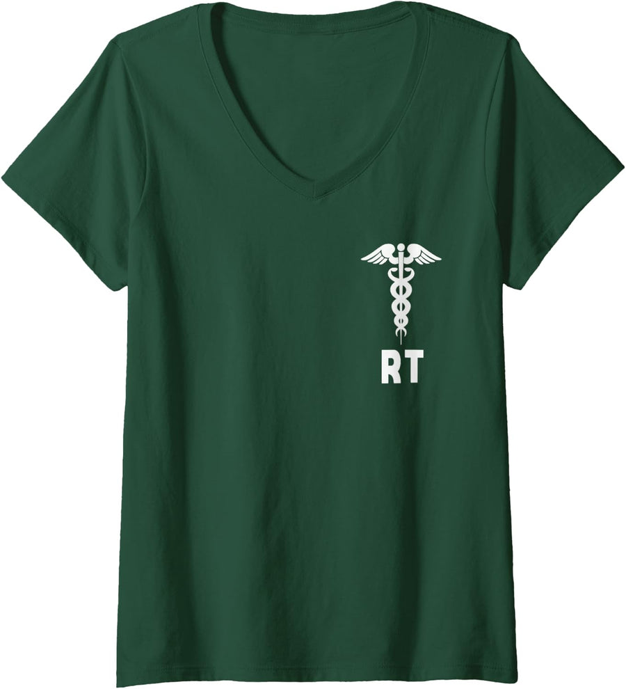 Women's Respiratory Therapist RT Caduceus Medical Symbol V-Neck T-Shirt - Dark Green