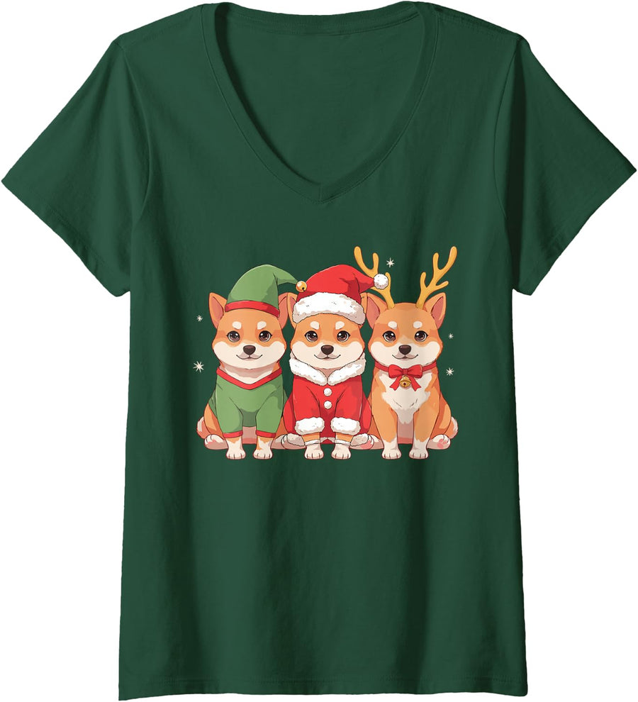 Women's Funny Shiba Inu Christmas Puppies Elf Santa Reindeer Dog Mom V-Neck T-Shirt - Dark Green