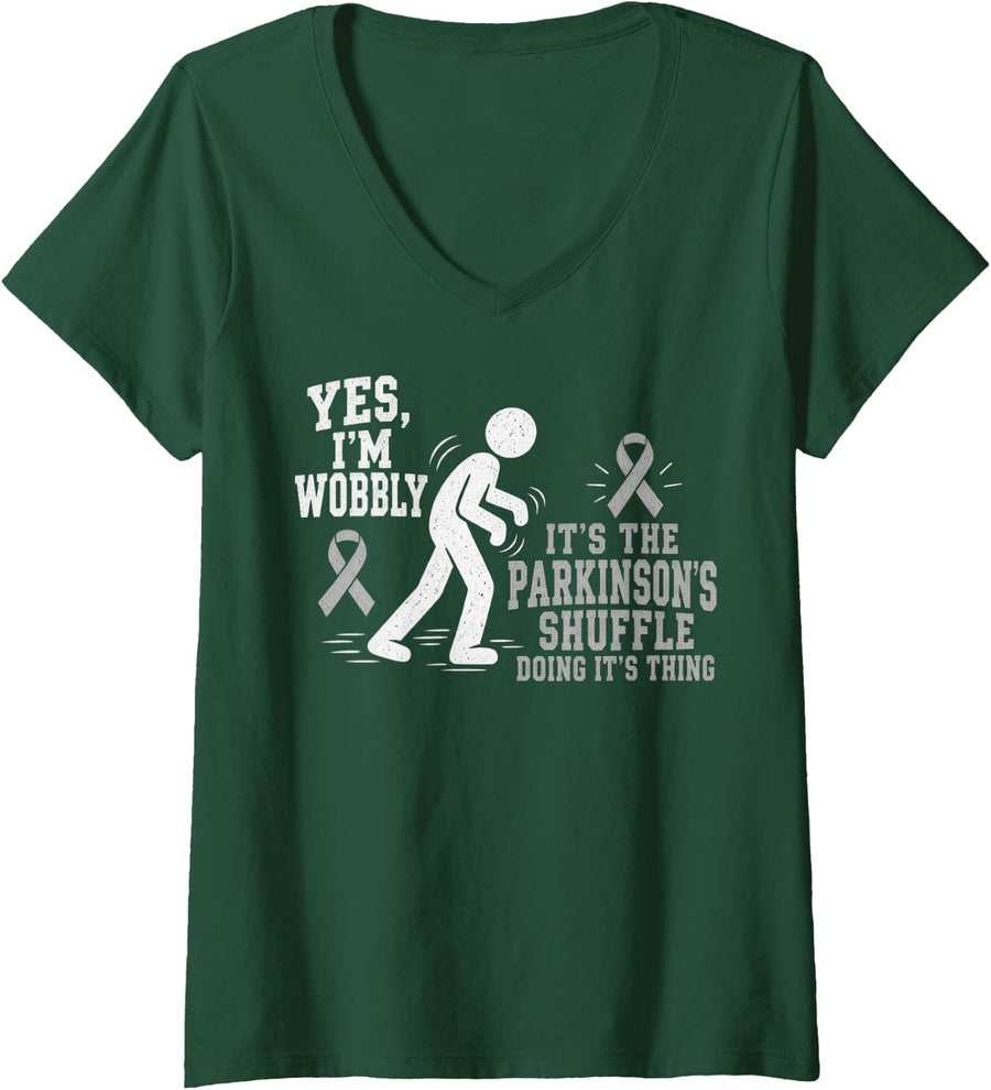 Women's Parkinsons Disease Awareness Stick Figure Walk V-Neck T-Shirt - Dark Green