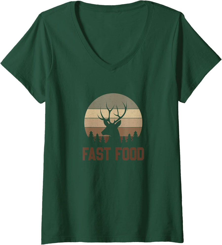 Women's Vintage Fast Food Hunter Shirt Deer Hunting V-Neck T-Shirt - Dark Green