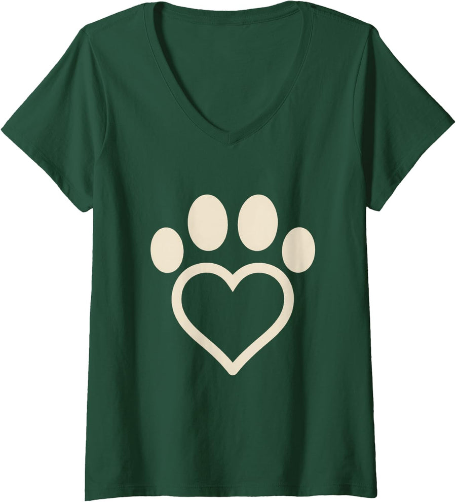 Women's Cat Paw Print Heart Cat Mom Cat Lover Rescue Kitten V-Neck T-Shirt - Dark Green
