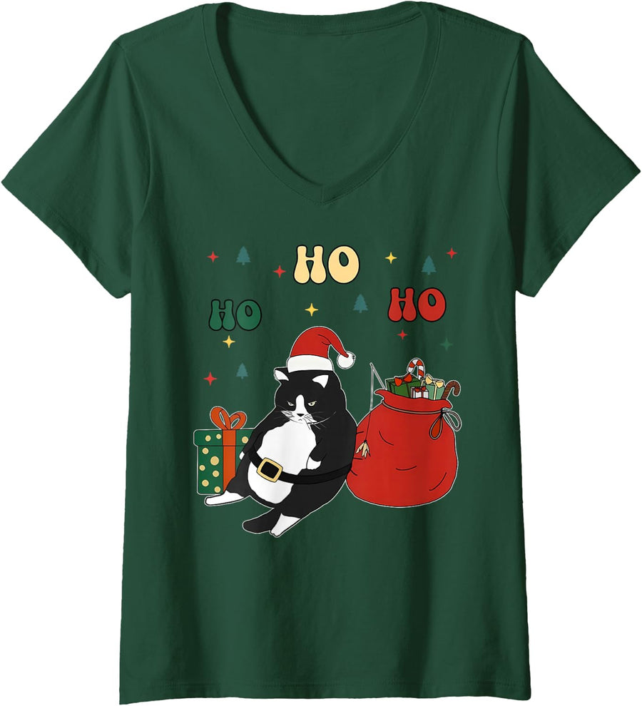 Women's Cute Fat Cat Santa Christmas Tuxedo Chonk Cat Funny Cat Meme V-Neck T-Shirt - Dark Green