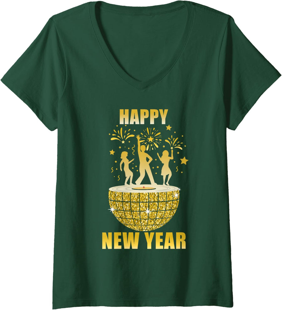 Women's Happy New Year Men Women Kids Happy New Year 2025 V-Neck T-Shirt - Dark Green