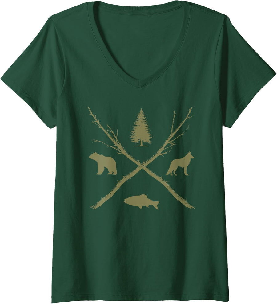 Women's Hiking Bushcraft Camping Nature Wilderness Outdoor Survival V-Neck T-Shirt - Dark Green