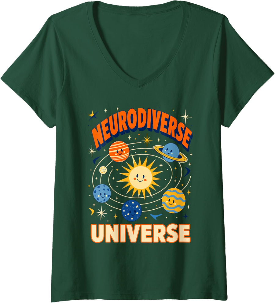 Women's Sped Teacher Neurodiverse Universe Autism ADHD V-Neck T-Shirt - Dark Green