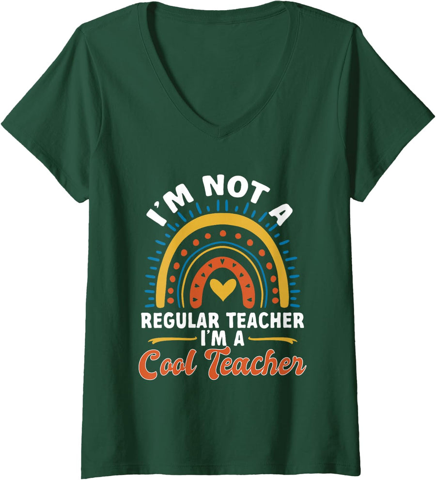 Women's School Teacher I'm not a Regular Teacher, I'm a Cool Teacher V-Neck T-Shirt - Dark Green