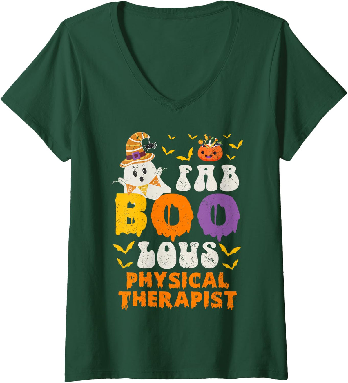 Women's Faboolous Physical Therapist Ghost Halloween Fun V-Neck T-Shirt - Dark Green